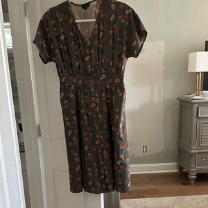 Roolee Olive and Orange Floral Midi Dress, hits right at bottom of knee